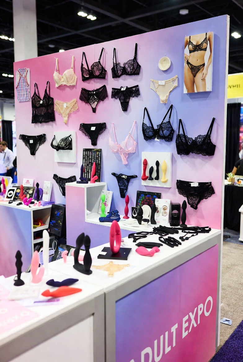 Adult expo stand with sex toys and lingerie
