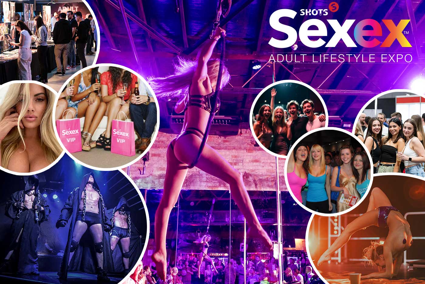 SexEx hero image - Fawn Phoenix performing in background with circle images of people and performers at adult lifestyle exhibition, including Teagan Presley